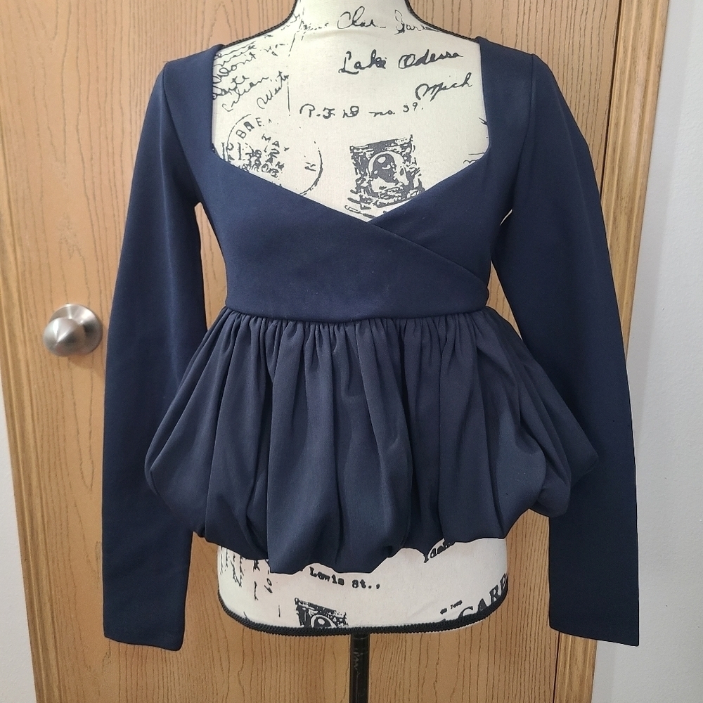 Zara Balletcore Ruffle Bubble Hem Peplum Square V-neck Long Sleeved Crop Top